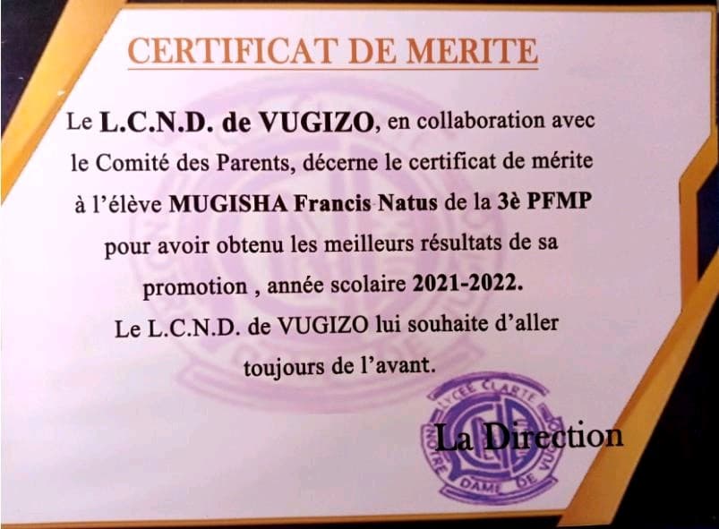 Certificate of Merit — MUGISHA Francis Natus, L.C.N.D. de Vugizo, 2021–2022